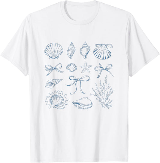 Elegant Seashell and Starfish Art Beach Lovers Bow Ocean T-Shirt - T-Shirt | White