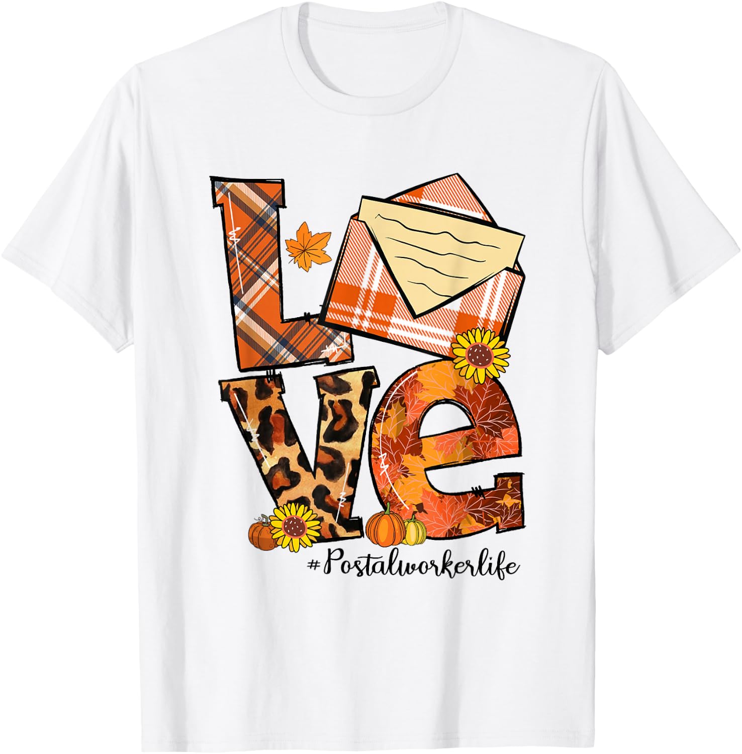 LOVE Pumpkin Leopard Postal Worker Life Fall Thanksgiving T-Shirt - T-Shirt | White