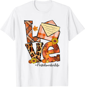 LOVE Pumpkin Leopard Postal Worker Life Fall Thanksgiving T-Shirt - T-Shirt | White