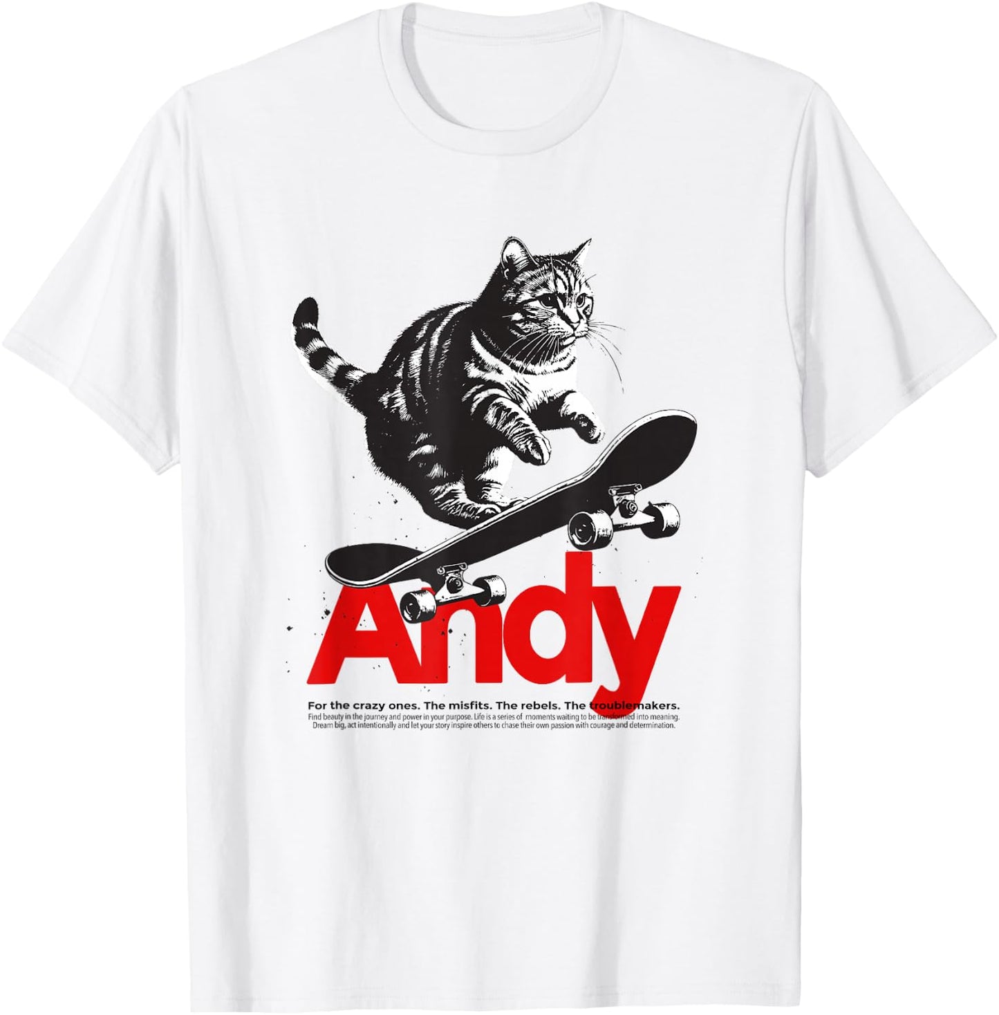 ANDY - Beautiful Boy Name With A Cat & Skateboard T-Shirt - T-Shirt | White