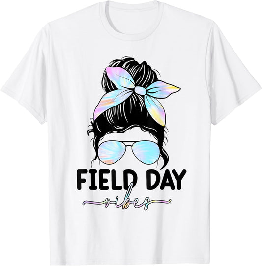 Field Day Vibes Messy Bun Girl School Field Day Fun Tie Dye T-Shirt - T-Shirt | White