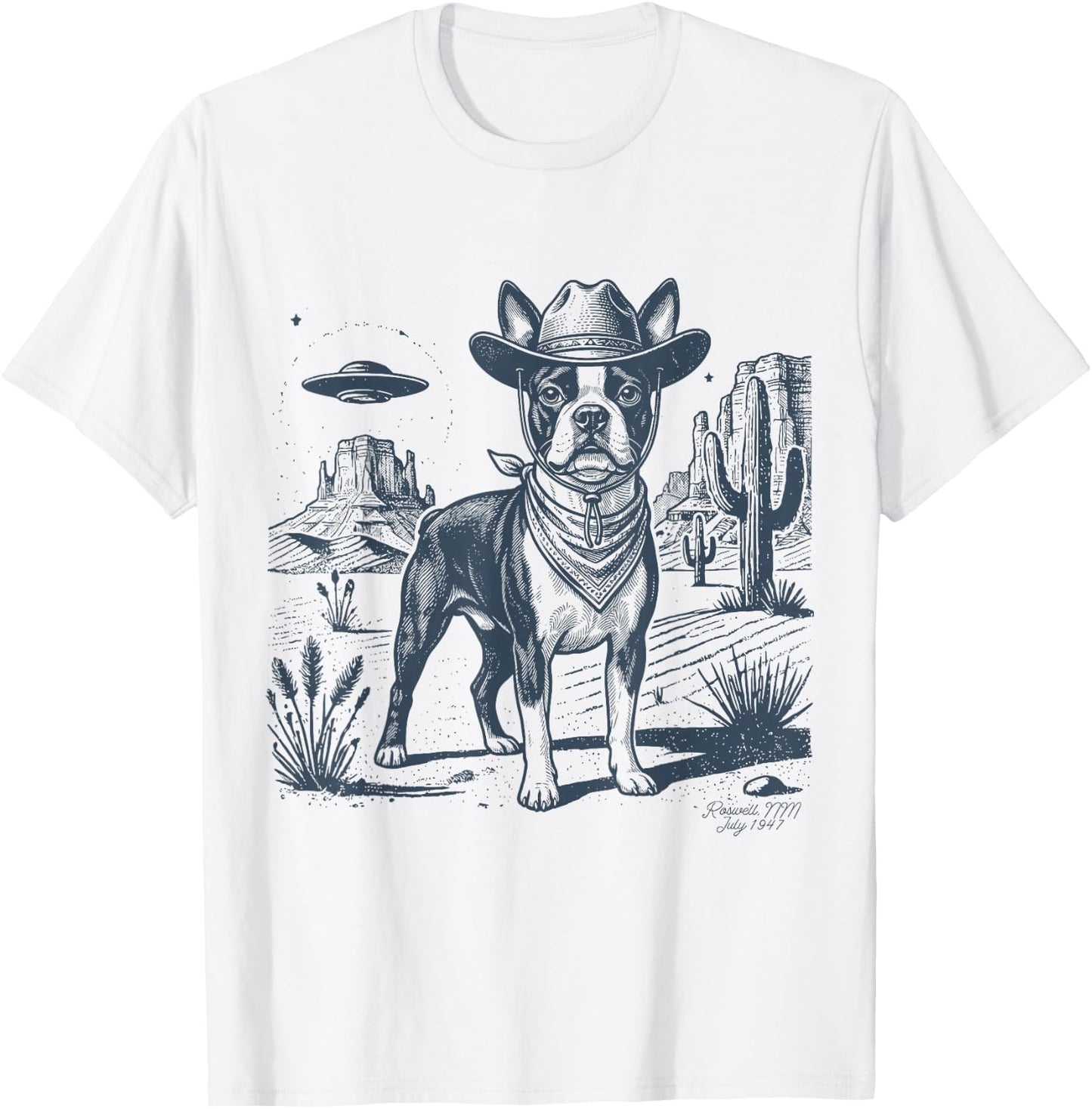 Vintage Alien UFO Western Cowboy Boston Terrier Dog Desert T-Shirt - T-Shirt | White