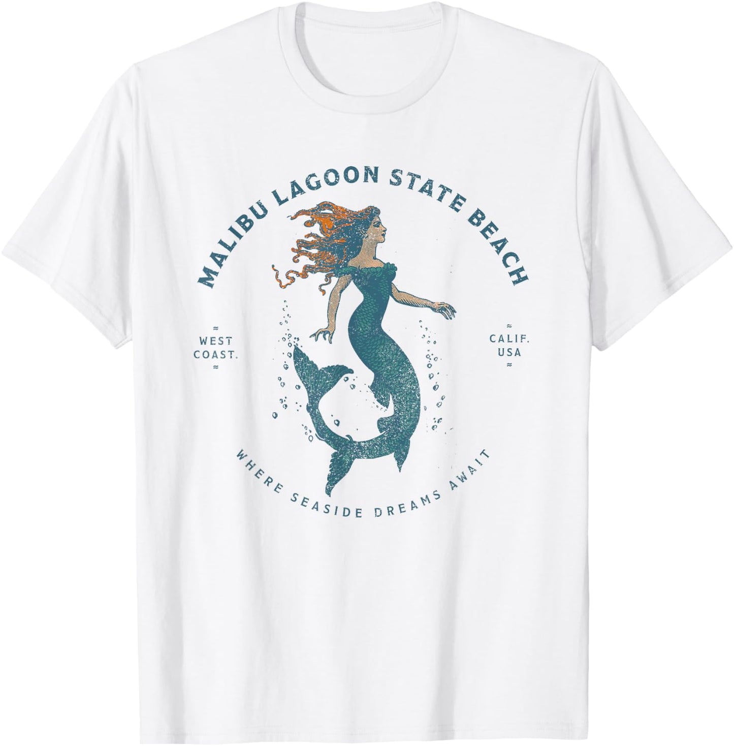 Malibu Lagoon State Beach California Retro Vintage Mermaid T-Shirt - T-Shirt | White
