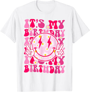 Groovy It's My Birthday Women Teens Girls Preppy Smile Face T-Shirt - T-Shirt | White