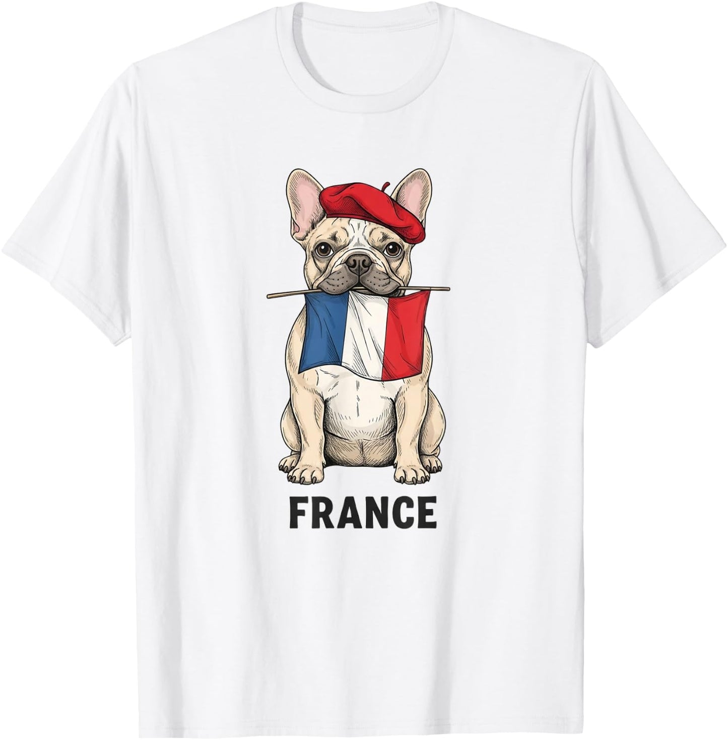 French Bulldog with Flag Beret France Art Travel Souvenir T-Shirt - T-Shirt | White
