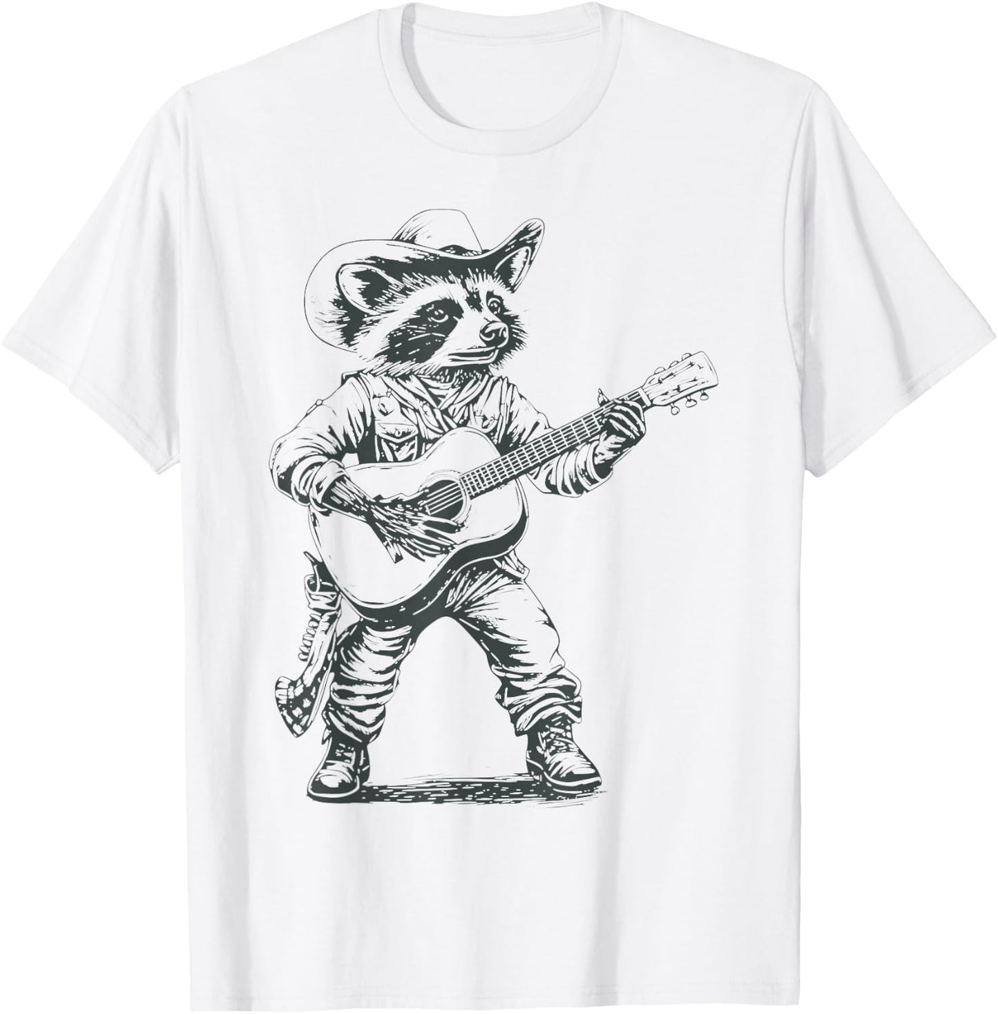 Vintage 90s Cowboy Racoon Playing Guitar Musician Western T-Shirt - T-Shirt | White