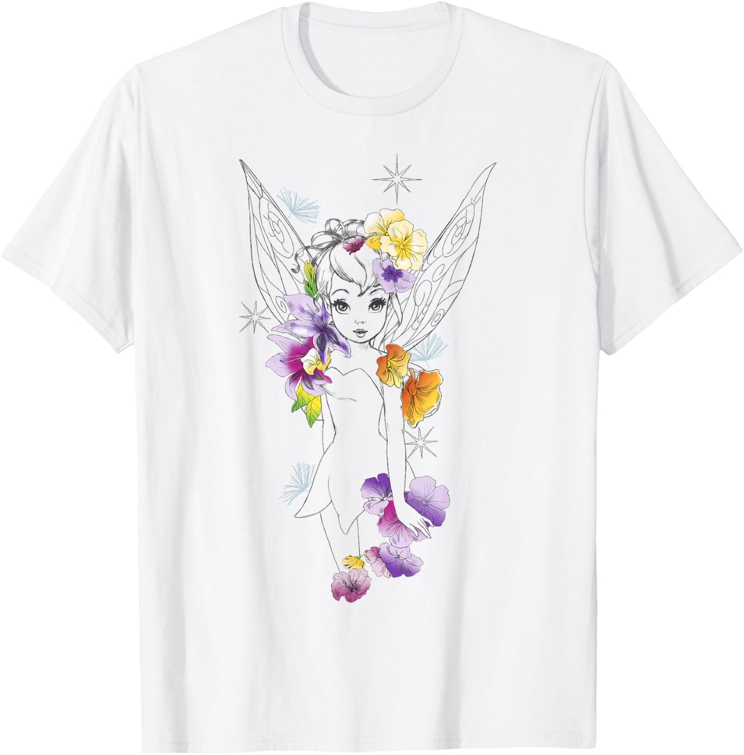 Disney Peter Pan Tinker Bell Outline Floral Sketch Portrait T-Shirt - T-Shirt | White