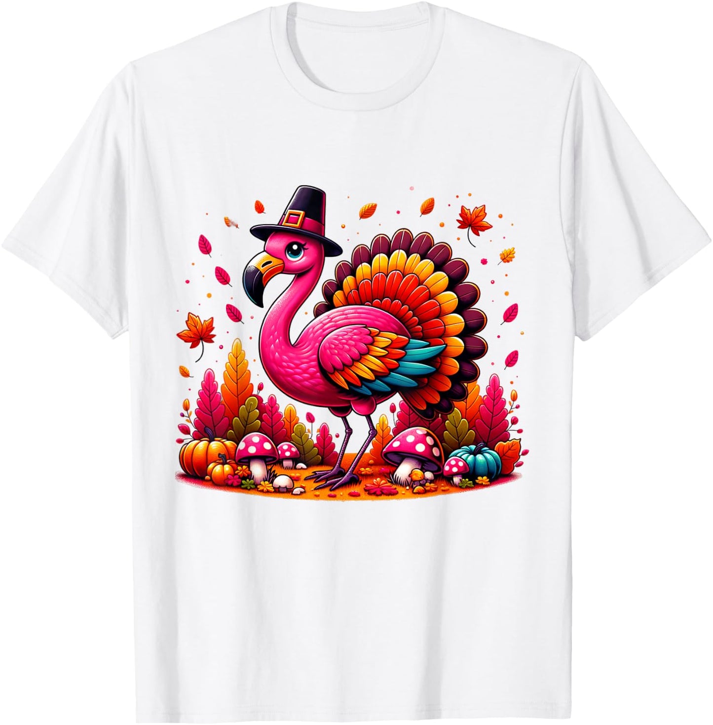 Flamingo Turkey Cute Flamingo Turkey Fall Leaf Thanksgiving T-Shirt - T-Shirt | White