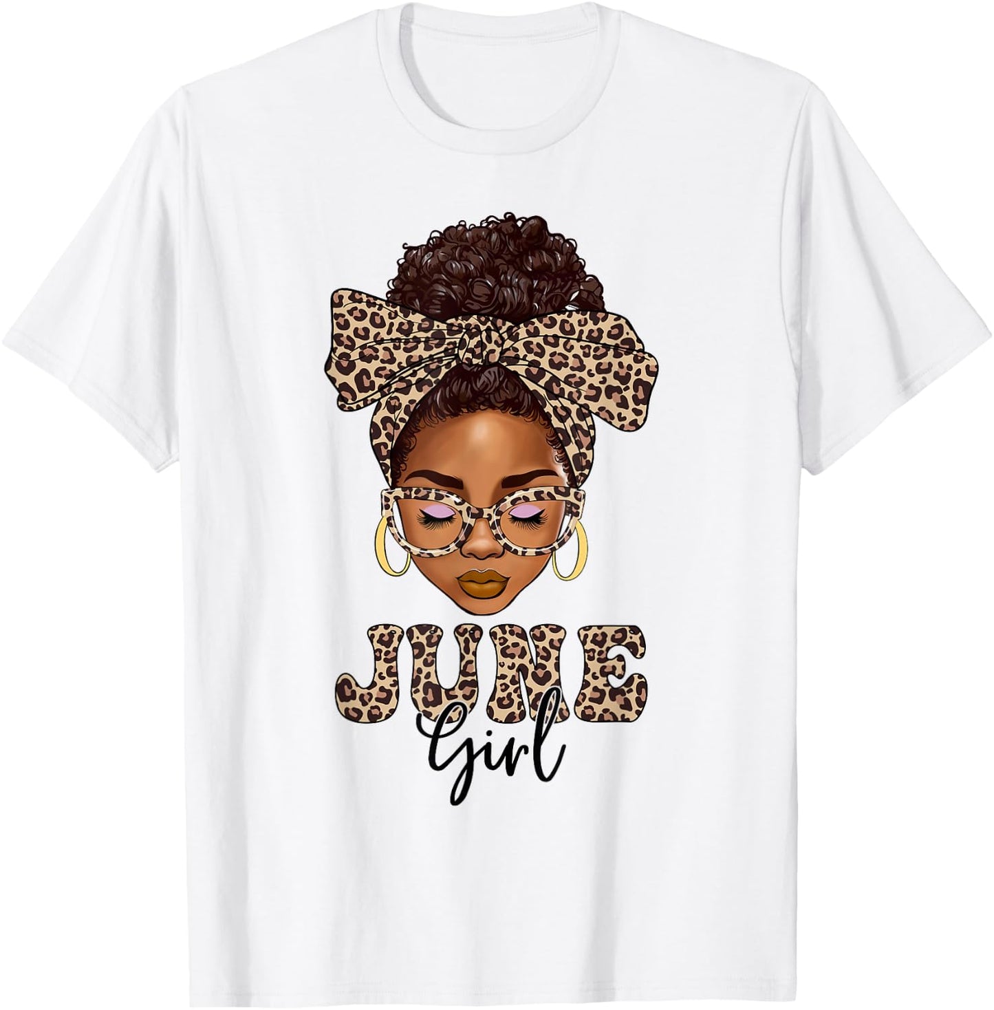 June Girls Messy Bun Leopard Black Women Birthday T-Shirt - T-Shirt | White