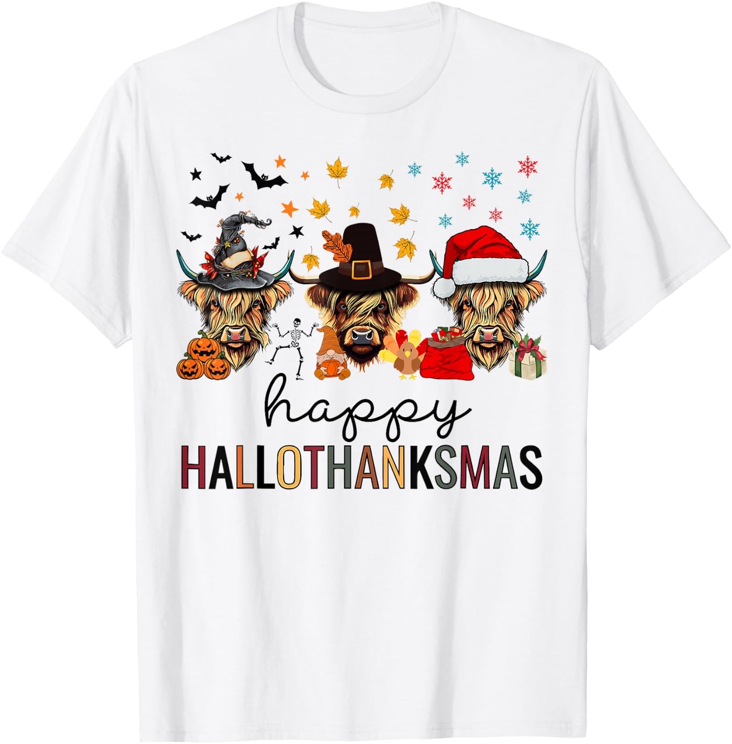 Happy Hallothanksmas Highland Cow Halloween Christmas T-Shirt - T-Shirt | White