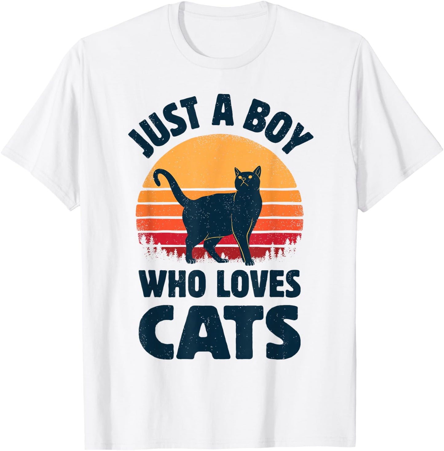 Cat Just A Boy Who Loves Cats Men Retro Vintage Sunset T-Shirt - T-Shirt | White