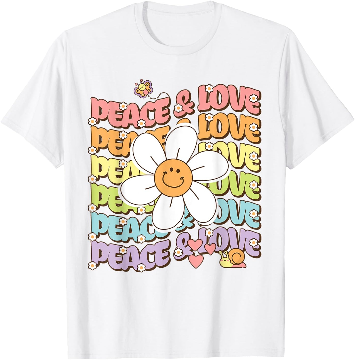Retro Shirt Peace & Love Cute Smile Daisy Flower Women Teen T-Shirt - T-Shirt | White