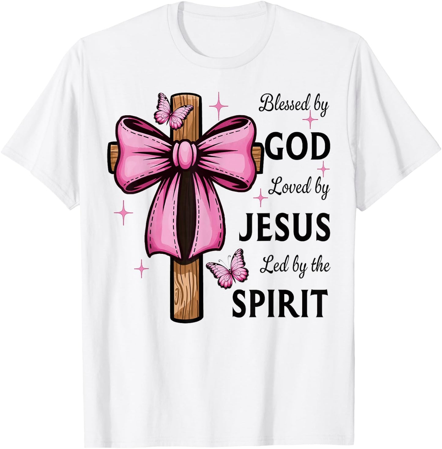 Blessed by God Loved by Jesus Pink Coquette Bow and Cross T-Shirt - T-Shirt | White
