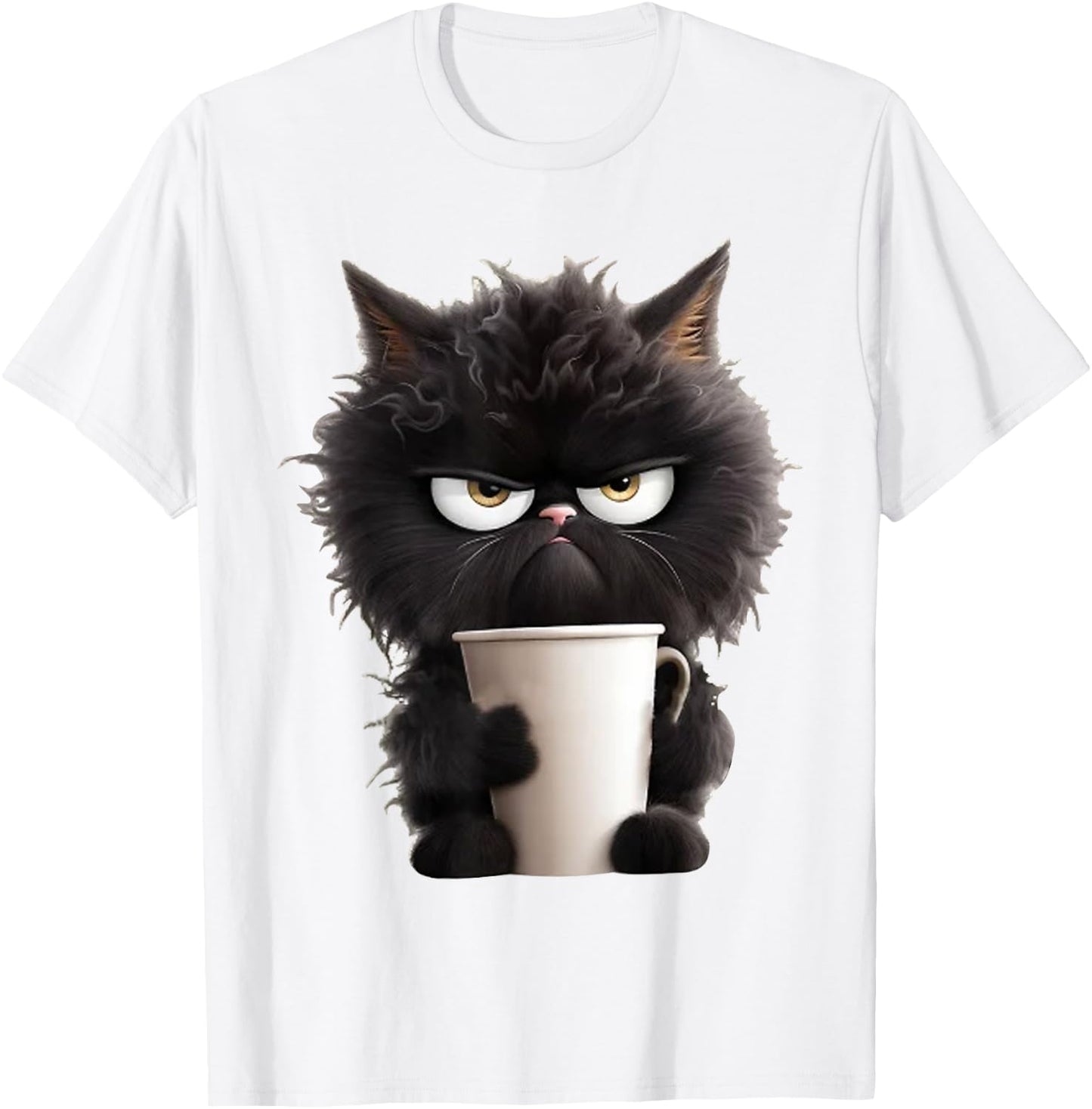 Funny Cute Black Cat Coffee Angry T-Shirt - T-Shirt | White