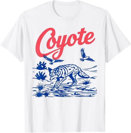 Retro Coyote Desert Wildlife Western Art T-Shirt - T-Shirt | White