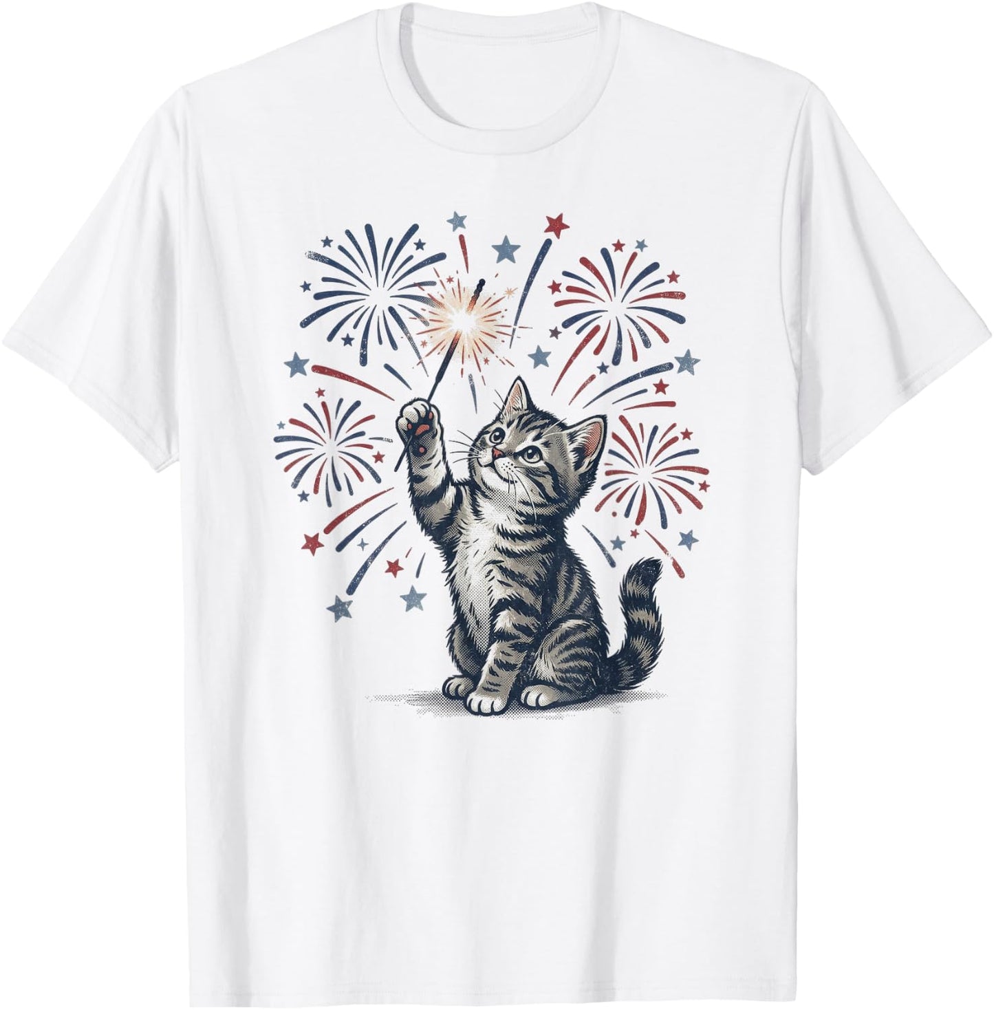 Vintage Patriotic Cat Sparkler 4th of July T-Shirt - T-Shirt | White