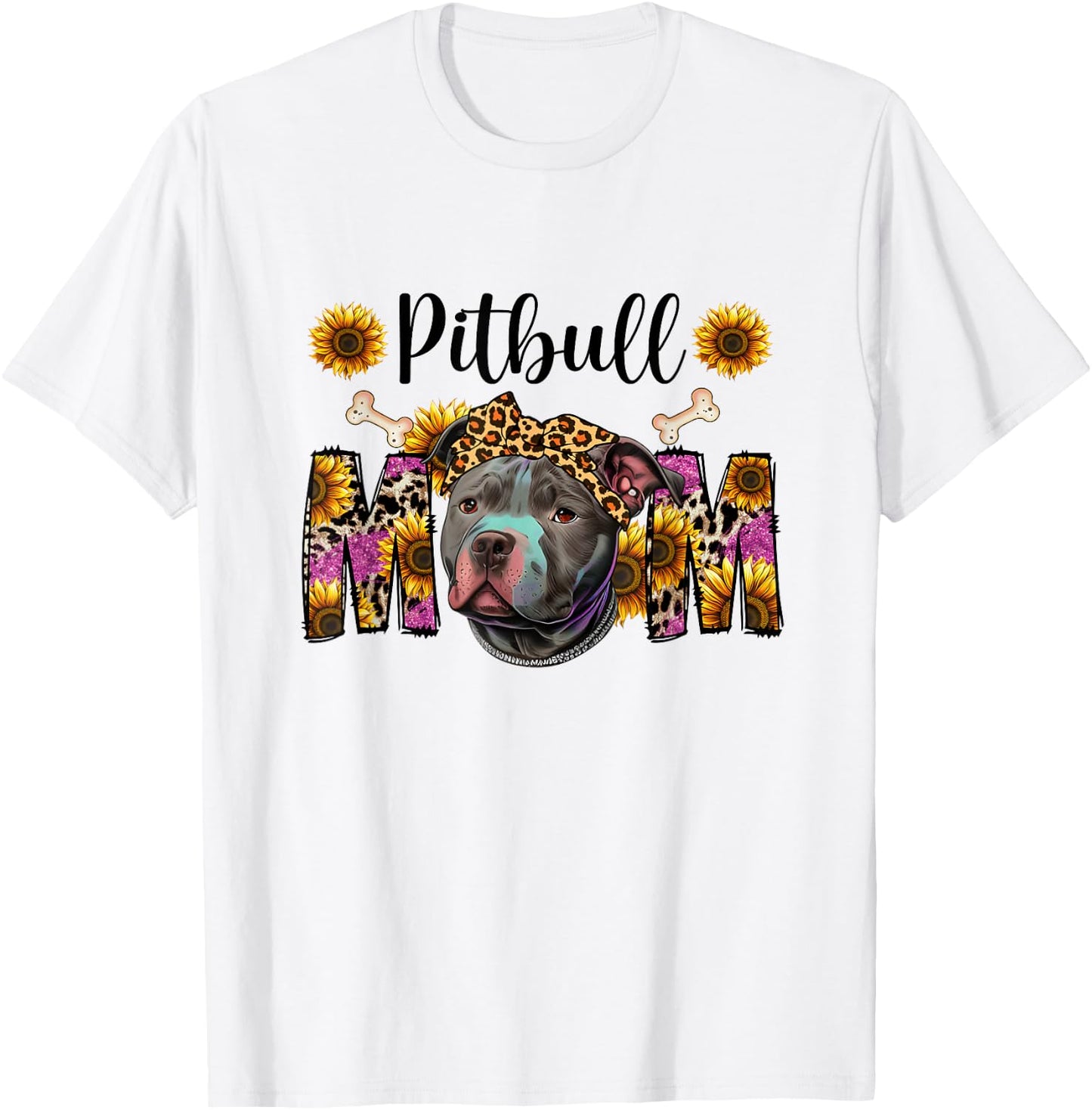 Pitbull Mom Graphic Design with Sunflowers T-Shirt - T-Shirt | White