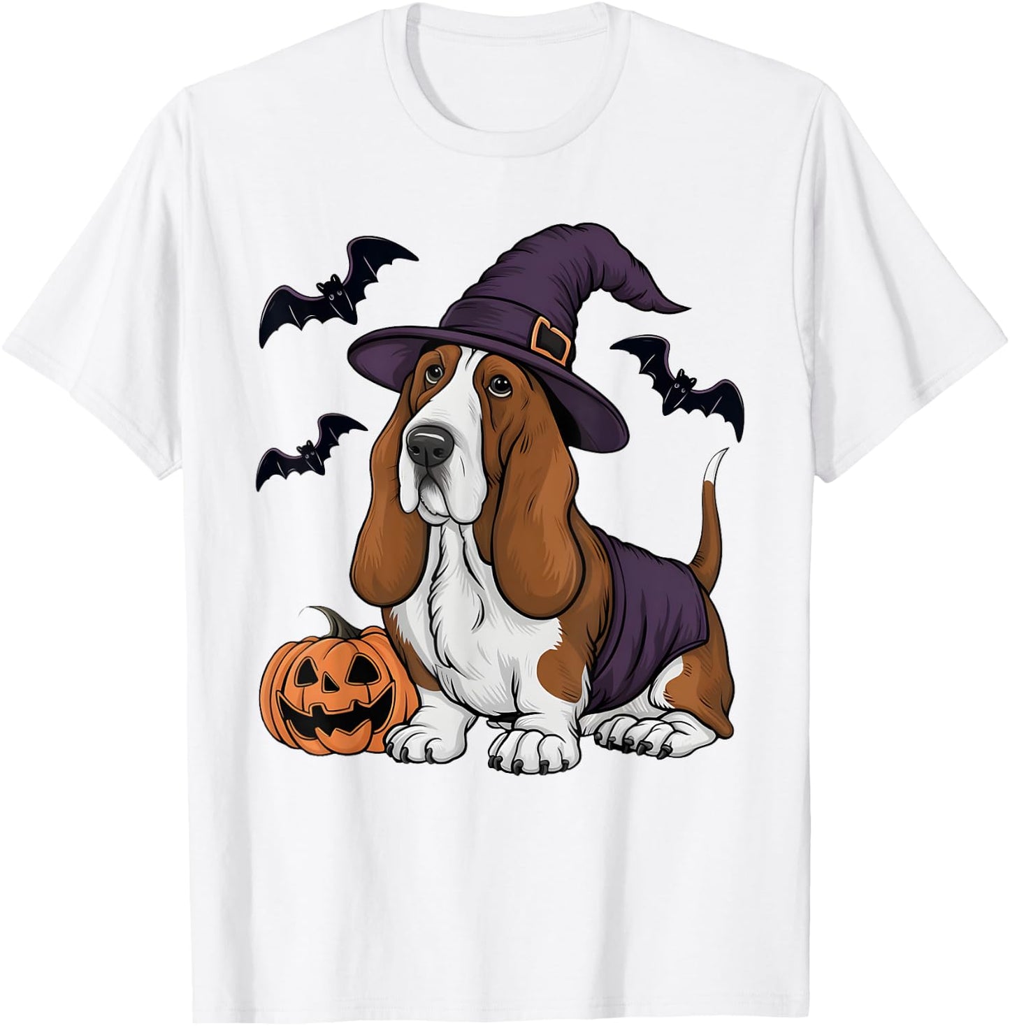 Pumpkin Bat Witch Costume Basset Hound Dog Halloween T-Shirt - T-Shirt | White