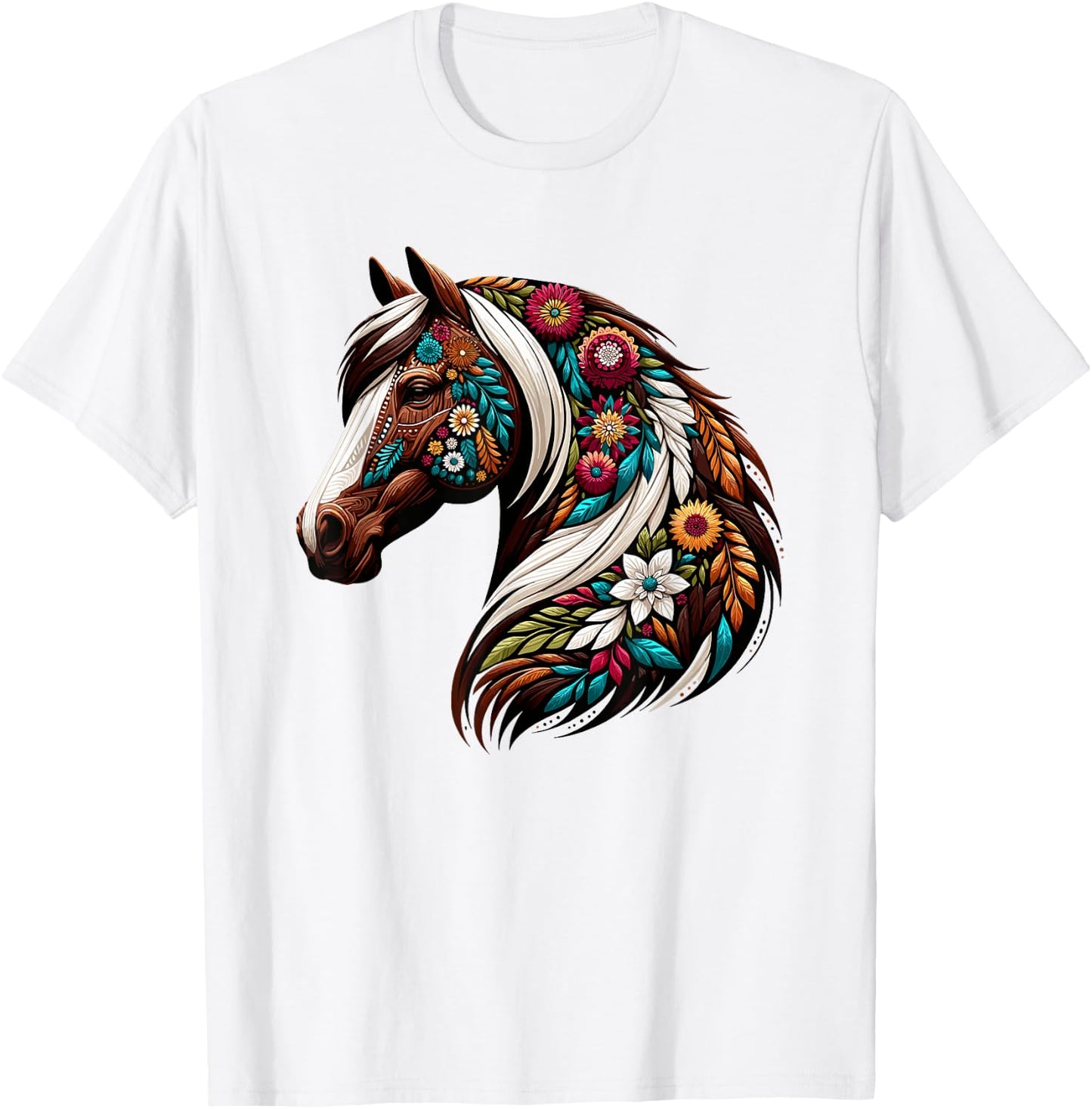 Equestrian Horse Riding, Western Horseback, Horse Flower T-Shirt - T-Shirt | White