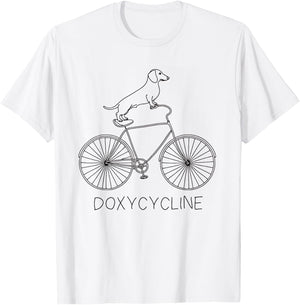 Doxycycline Pharmacy Pun Dachshund on Bicycle Veterinary T-Shirt - T-Shirt | White