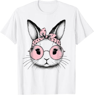 Bunny Easter Day Pink Bandana Glasses Rabbit Women Girl Kid T-Shirt - T-Shirt | White
