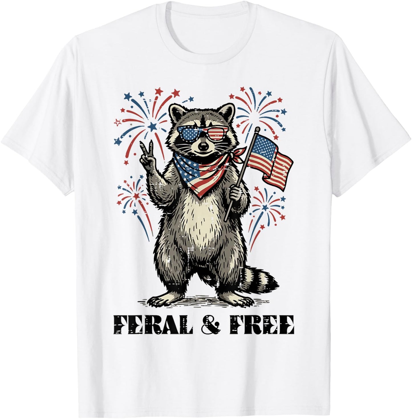Raccoon Feral and Free US Flag 4th of July Men Women Kids T-Shirt - T-Shirt | White