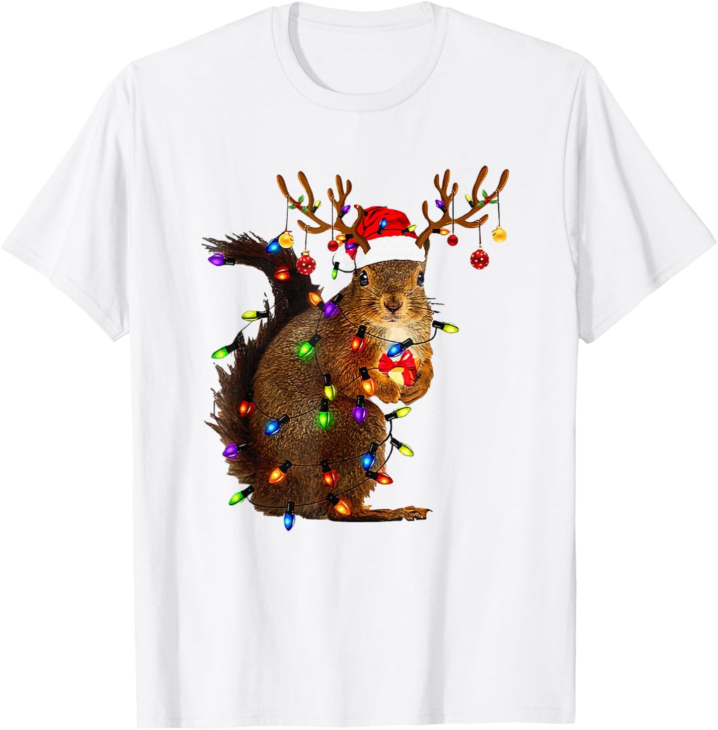 Cute Squirrel Christmas Xmas Lights Santa Squirrel Women Men T-Shirt - T-Shirt | White