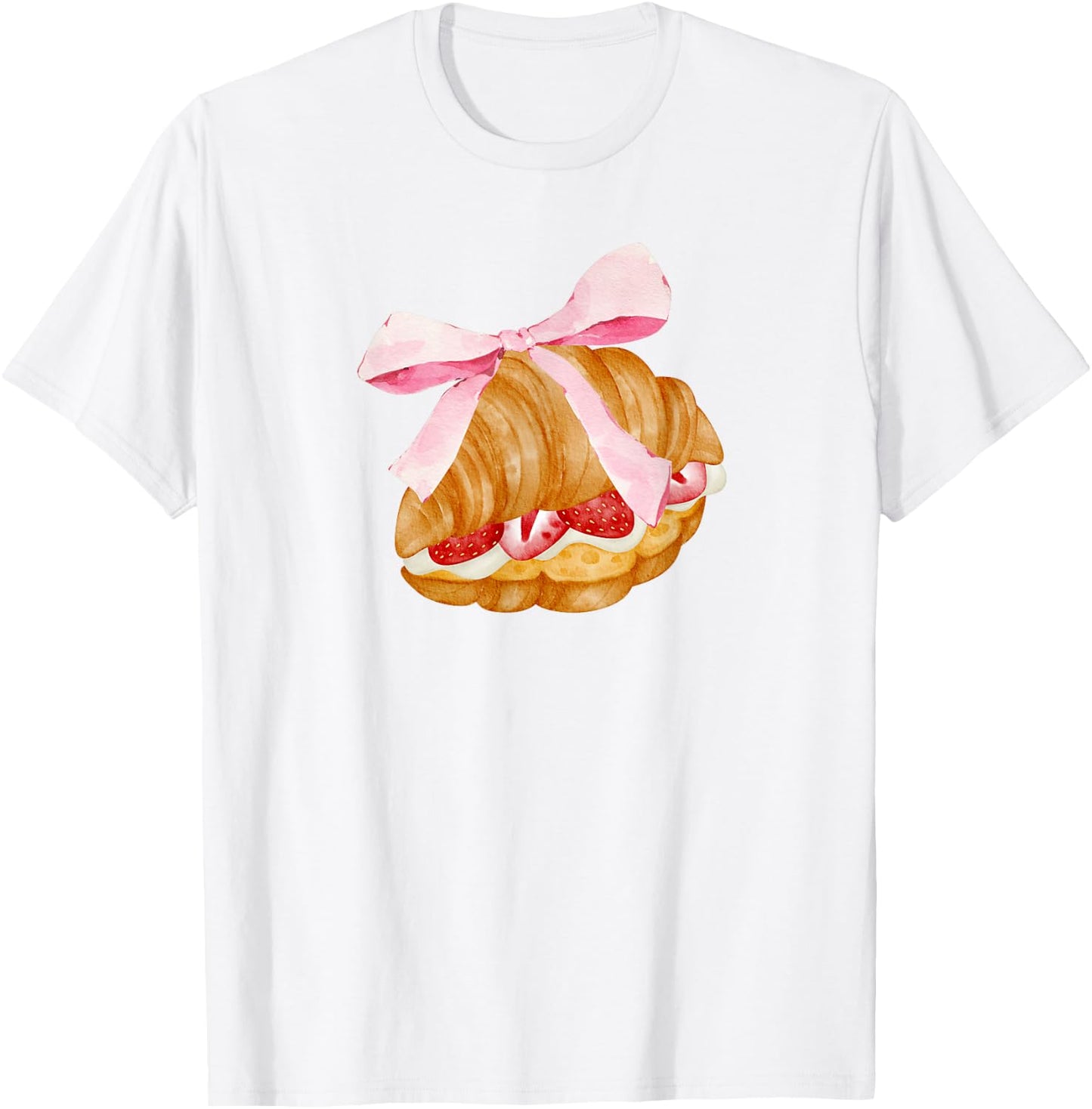 Strawberry croissant with pink bow and flirtatious , white, S T-Shirt - T-Shirt | White