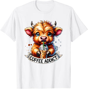 Cute Highland Cow Coffee Addict T-Shirt - T-Shirt | White