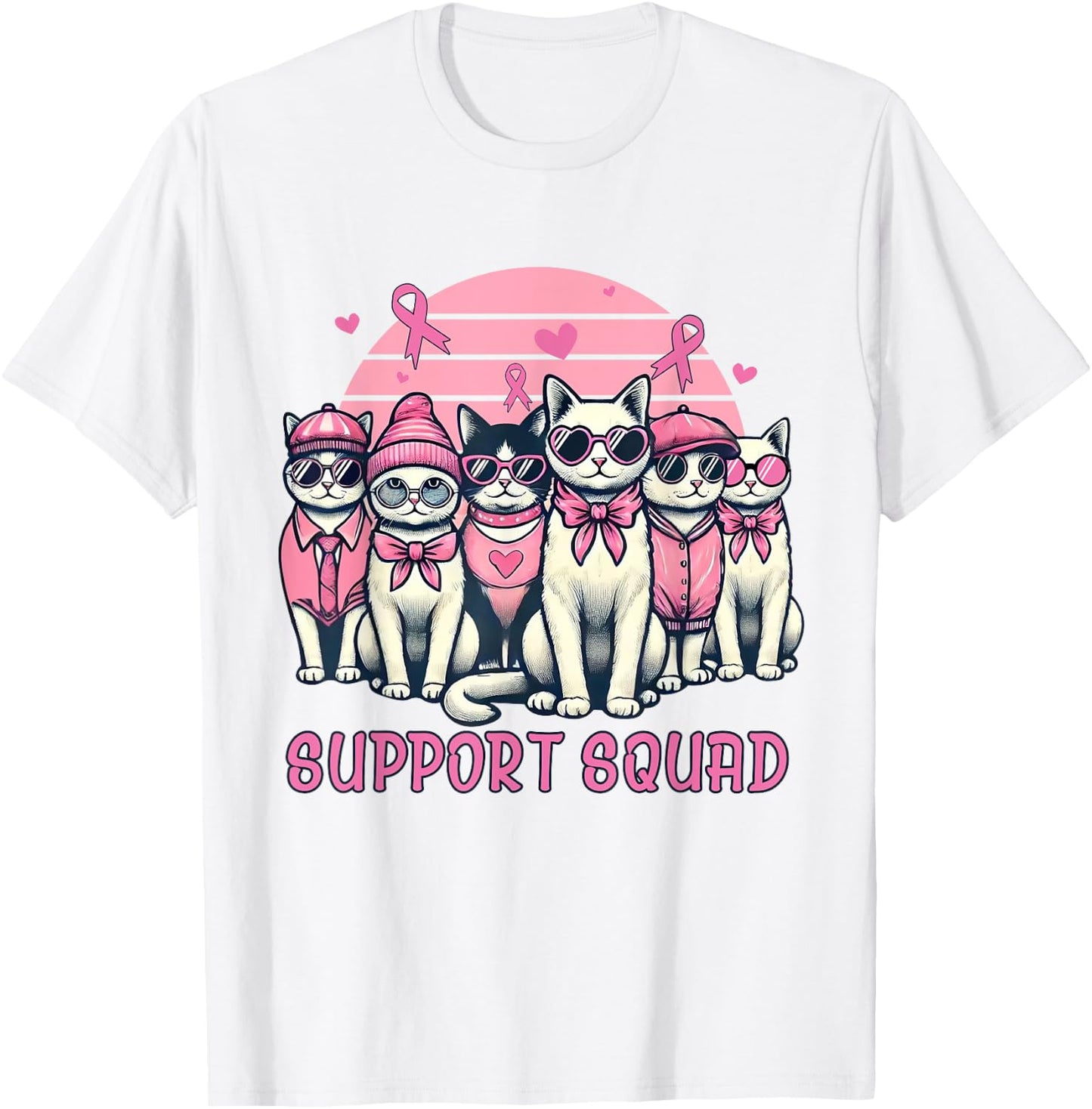 Support Squad Breast Cancer Women Cat Lover Pink Ribbon T-Shirt - T-Shirt | White