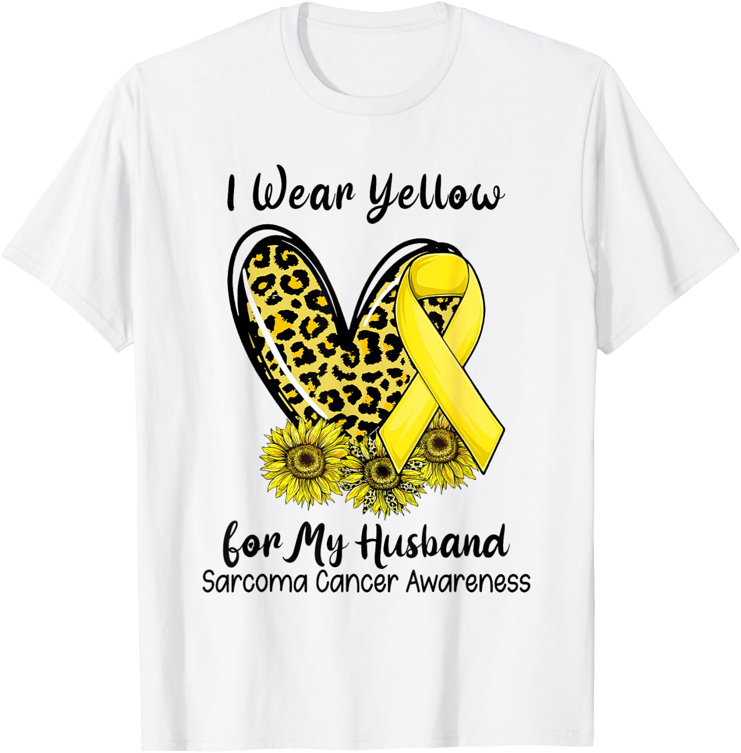 Leopard Heart I Wear Yellow For My Husband Sarcoma Cancer T-Shirt - T-Shirt | White
