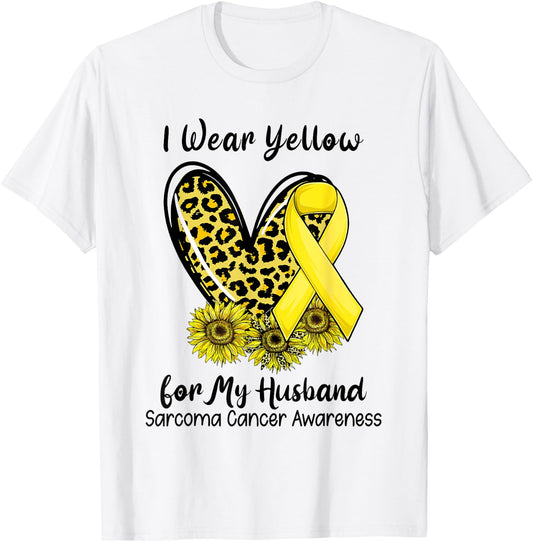 Leopard Heart I Wear Yellow For My Husband Sarcoma Cancer T-Shirt - T-Shirt | White