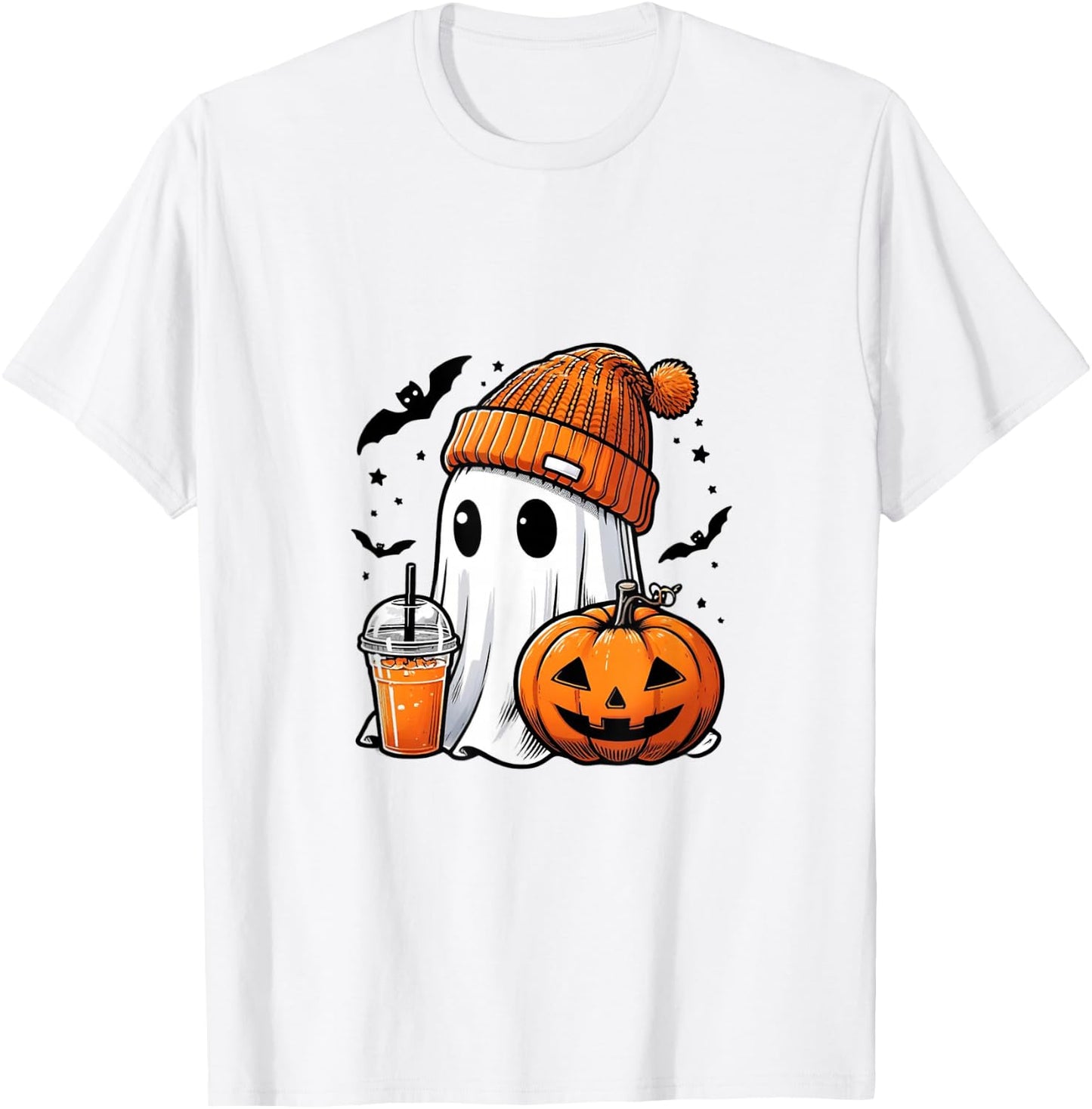 Cute Halloween Ghost with Pumpkin T-Shirt - T-Shirt | White
