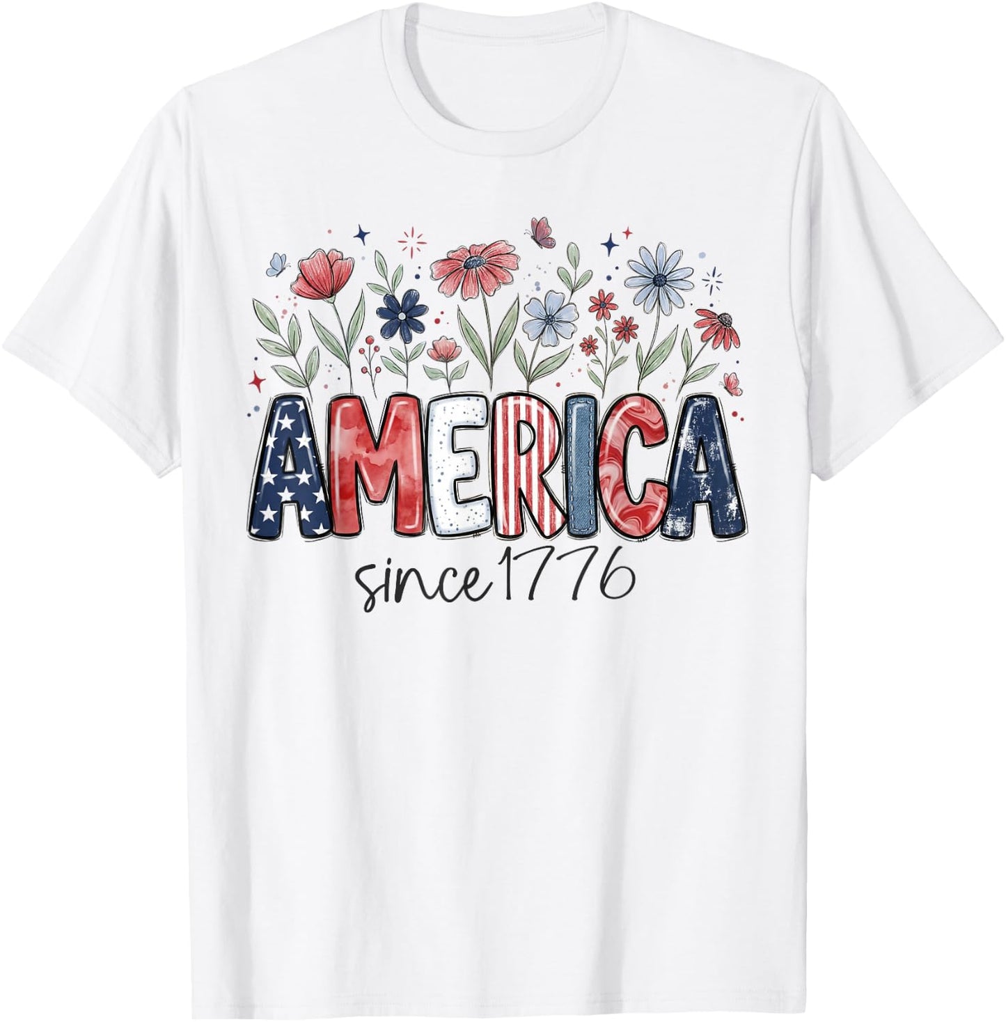 Since 1776 American Vintage Floral Red White and Blue Floral T-Shirt - T-Shirt | White