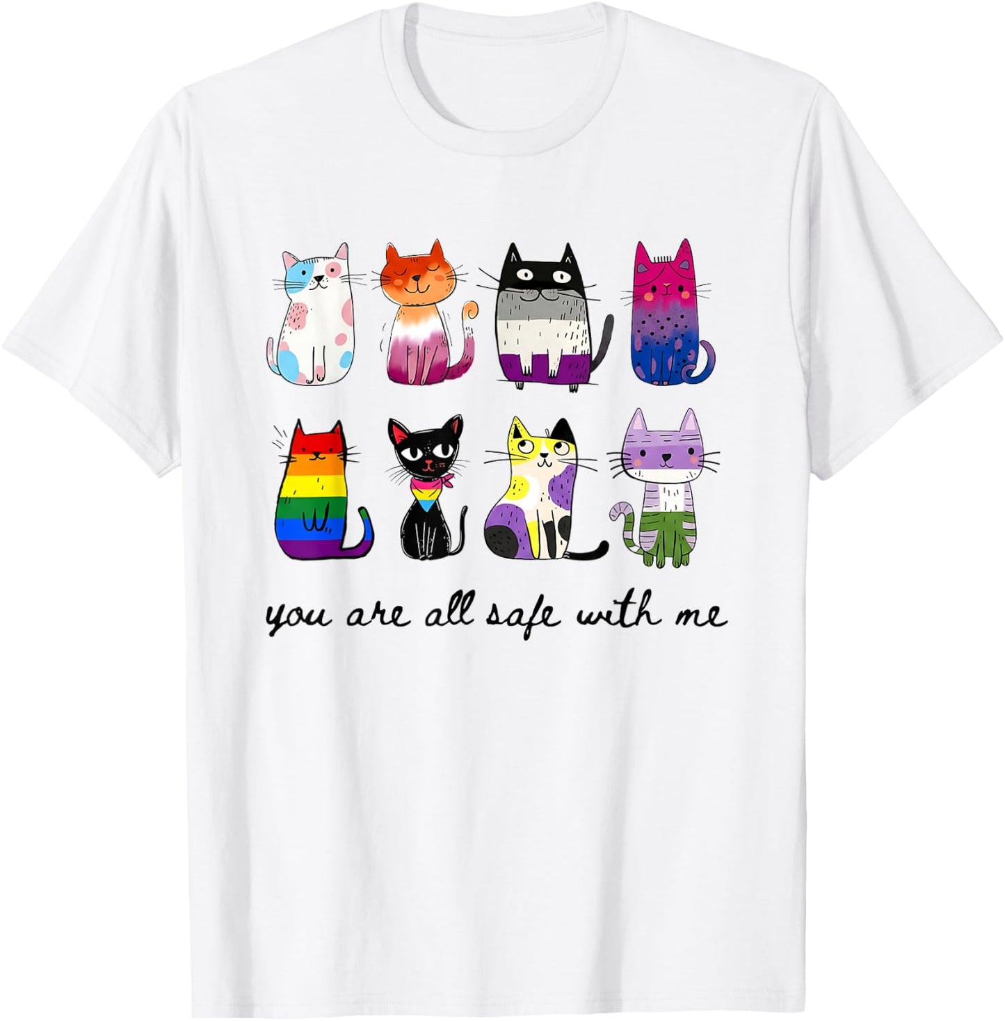 You are All Safe with Me Inclusive Pride Multi Flag LGBT Cat T-Shirt - T-Shirt | White