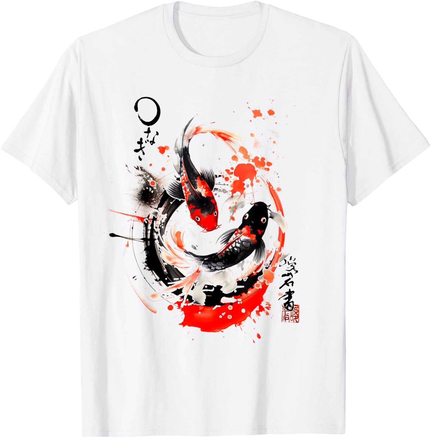 Japanese Koi Carp Fish Sakura Japan Art sumi-e Karpfen T-Shirt - T-Shirt | White