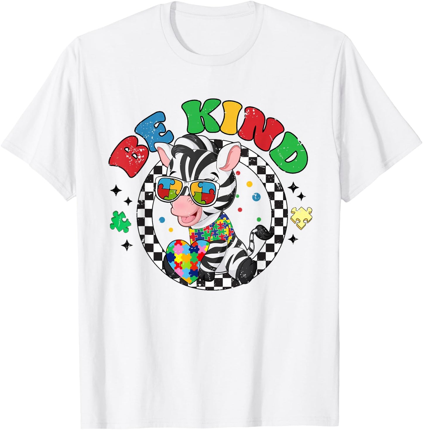 Retro Groovy Be Kind Zebra Sunglasses Autism Awareness T-Shirt - T-Shirt | White