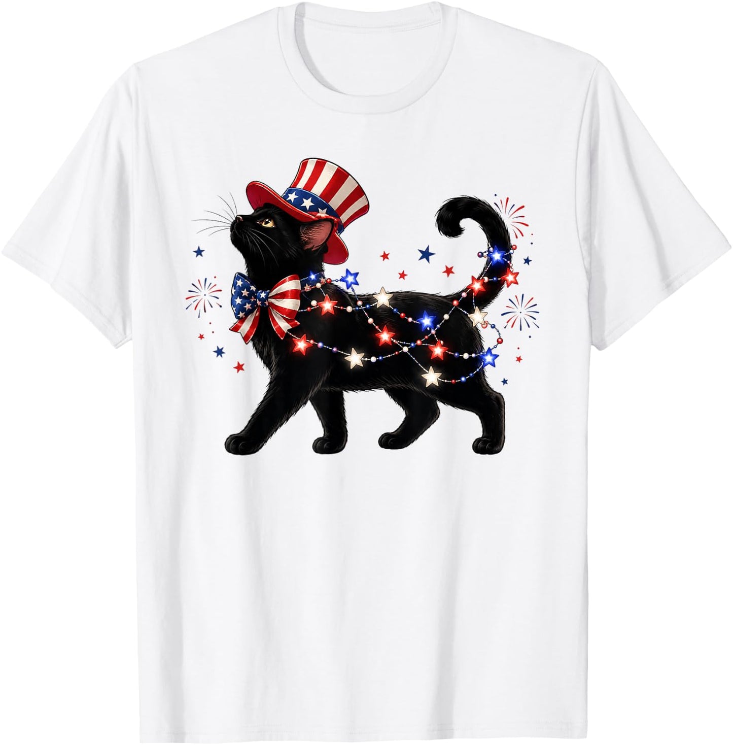 Patriotic Black Cat and Fireworks 4th of July Cat Lovers T-Shirt - T-Shirt | White