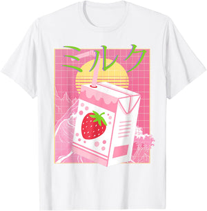 Pink Strawberry Milk| Japanese Aesthetic Milk Carton T-Shirt - T-Shirt | White
