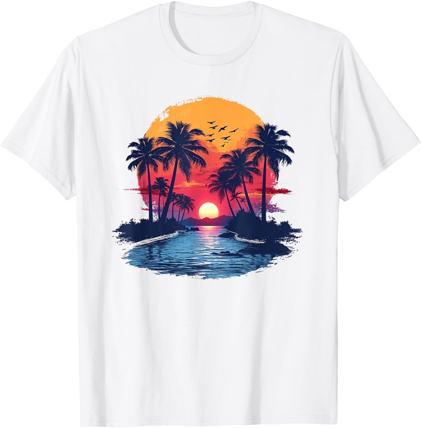 Tropical Paradise Beach with Palm Trees , White T-Shirt - T-Shirt | White