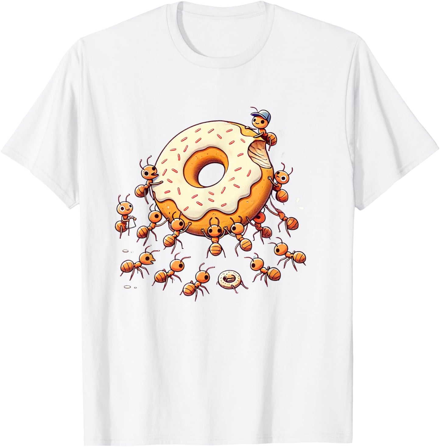 Cute Ants Carrying Giant Donut Funny Foodie Graphic T-Shirt - T-Shirt | White