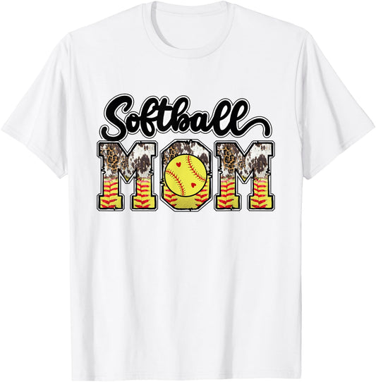 Softball Mom Leopard Messy Bun Softball Mothers Day T-Shirt - T-Shirt | White