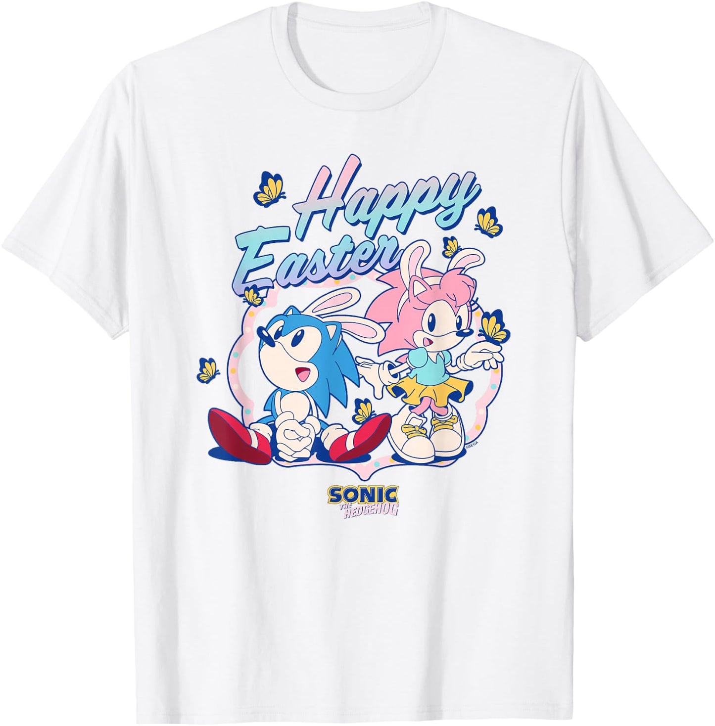 Sonic The Hedgehog Happy Easter Cute Sonic Amy Chest Logo T-Shirt - T-Shirt | White