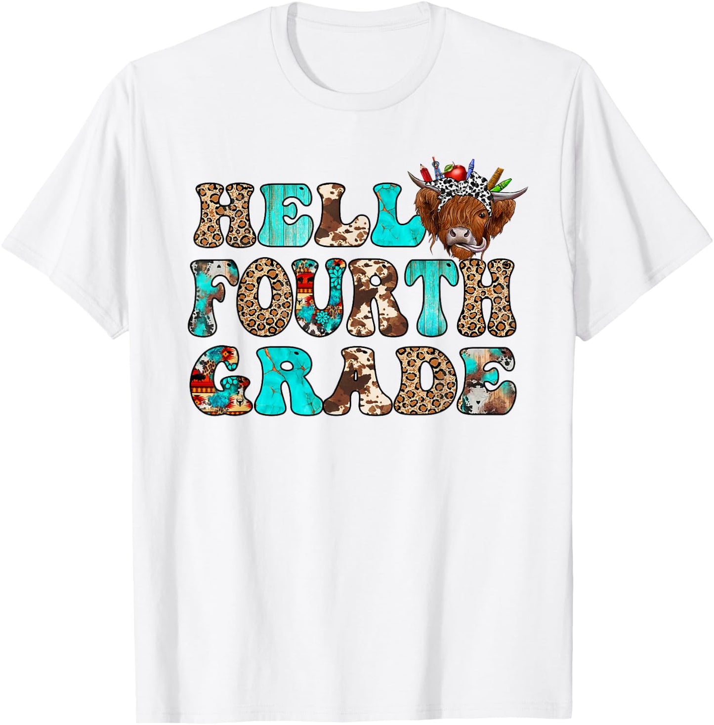 Hello Fourth Grade Team Highland Cow First Day Of 4th Grade T-Shirt - T-Shirt | White