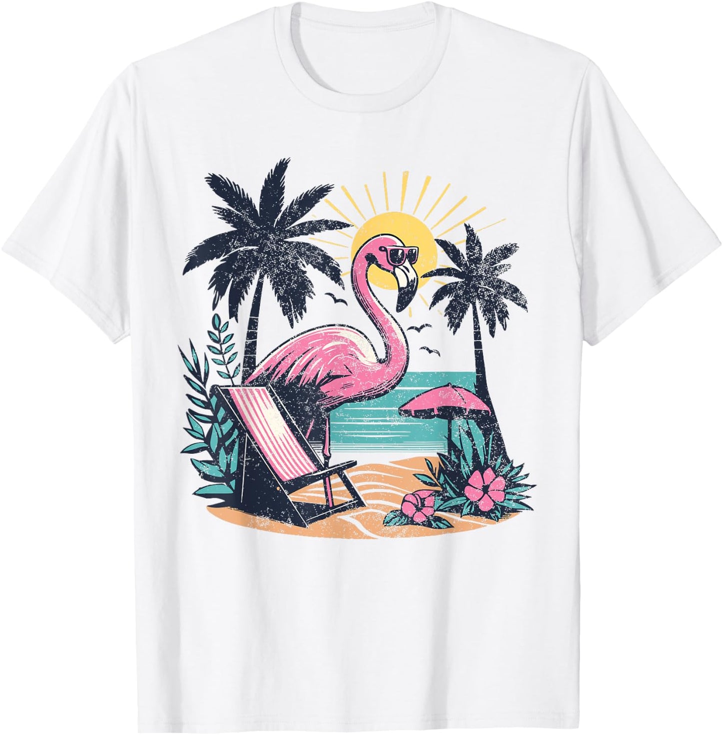 Flamingo Beach Palm Trees Tropical Summer Vacation Men Women T-Shirt - T-Shirt | White