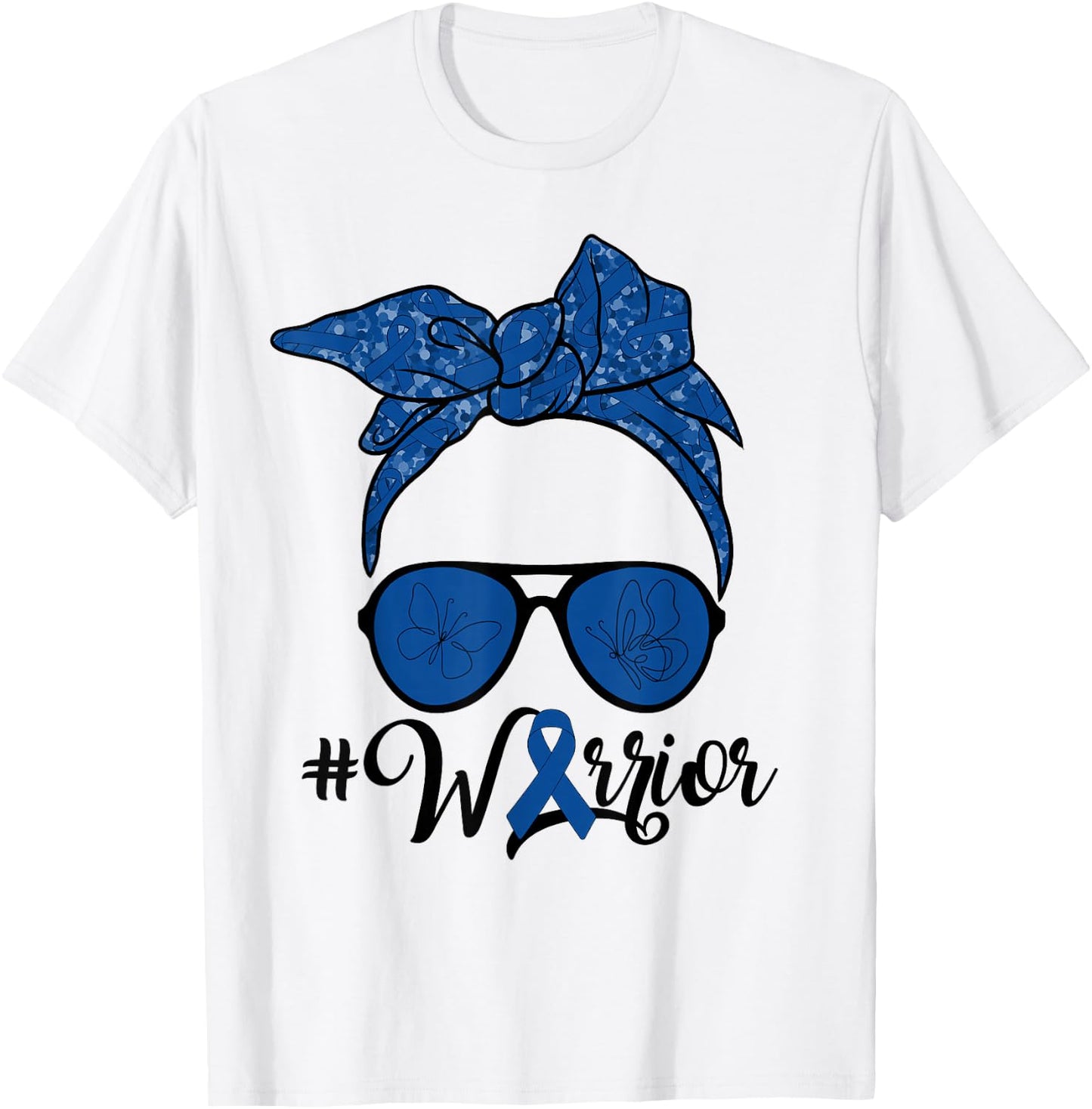 Messy Bun Woman With Dark Blue Ribbon Colon Cancer Warrior T-Shirt - T-Shirt | White