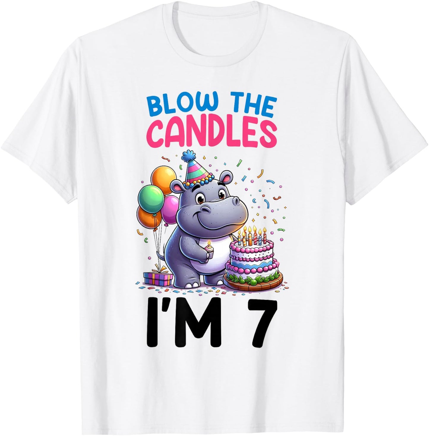 Hippo Kids 7th Birthday Party Boy 7 Year Old Bday Girl T-Shirt - T-Shirt | White
