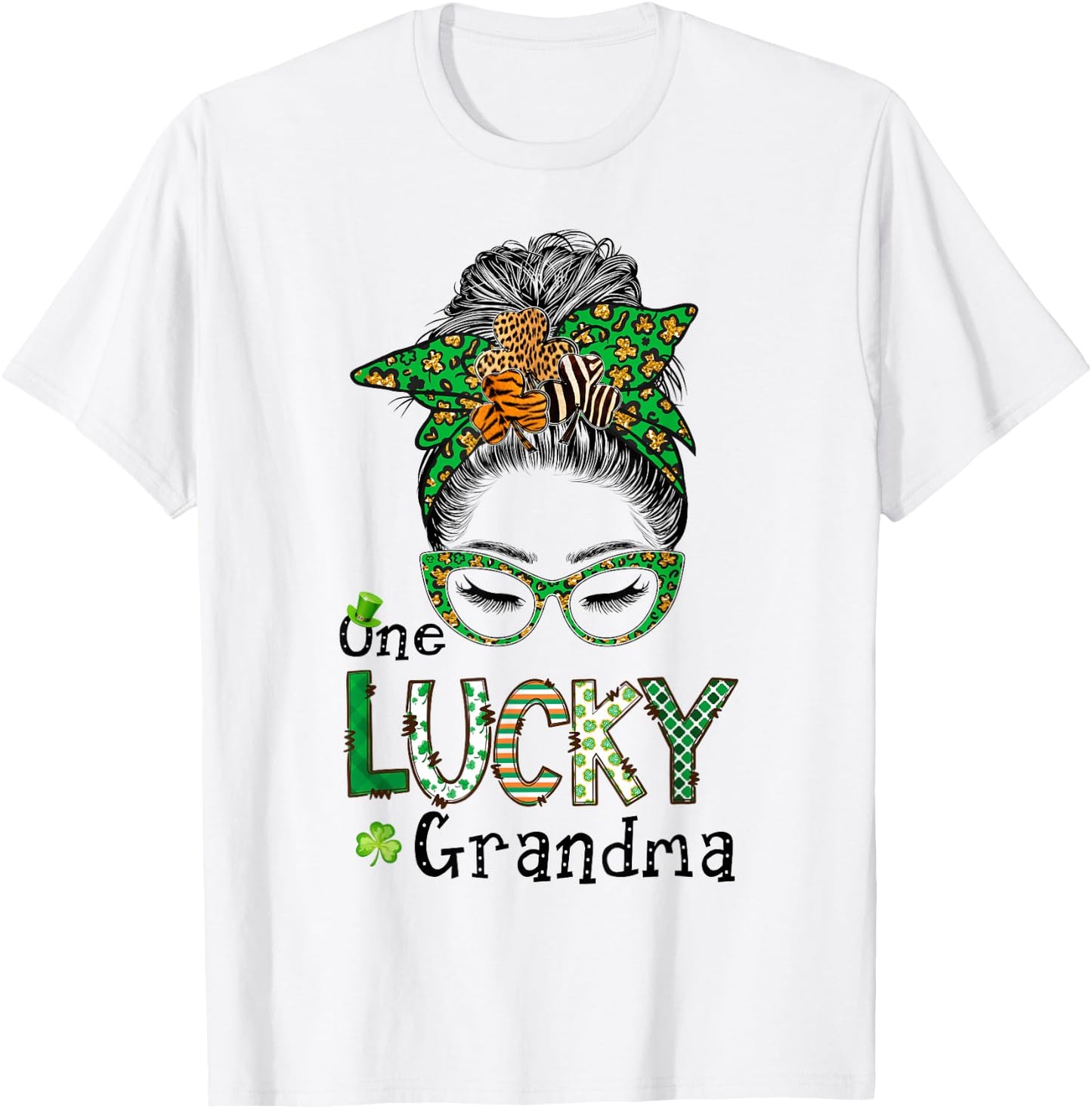 One Lucky Grandma Messy Bun St. Patrick's Day Plaid Leopard T-Shirt - T-Shirt | White