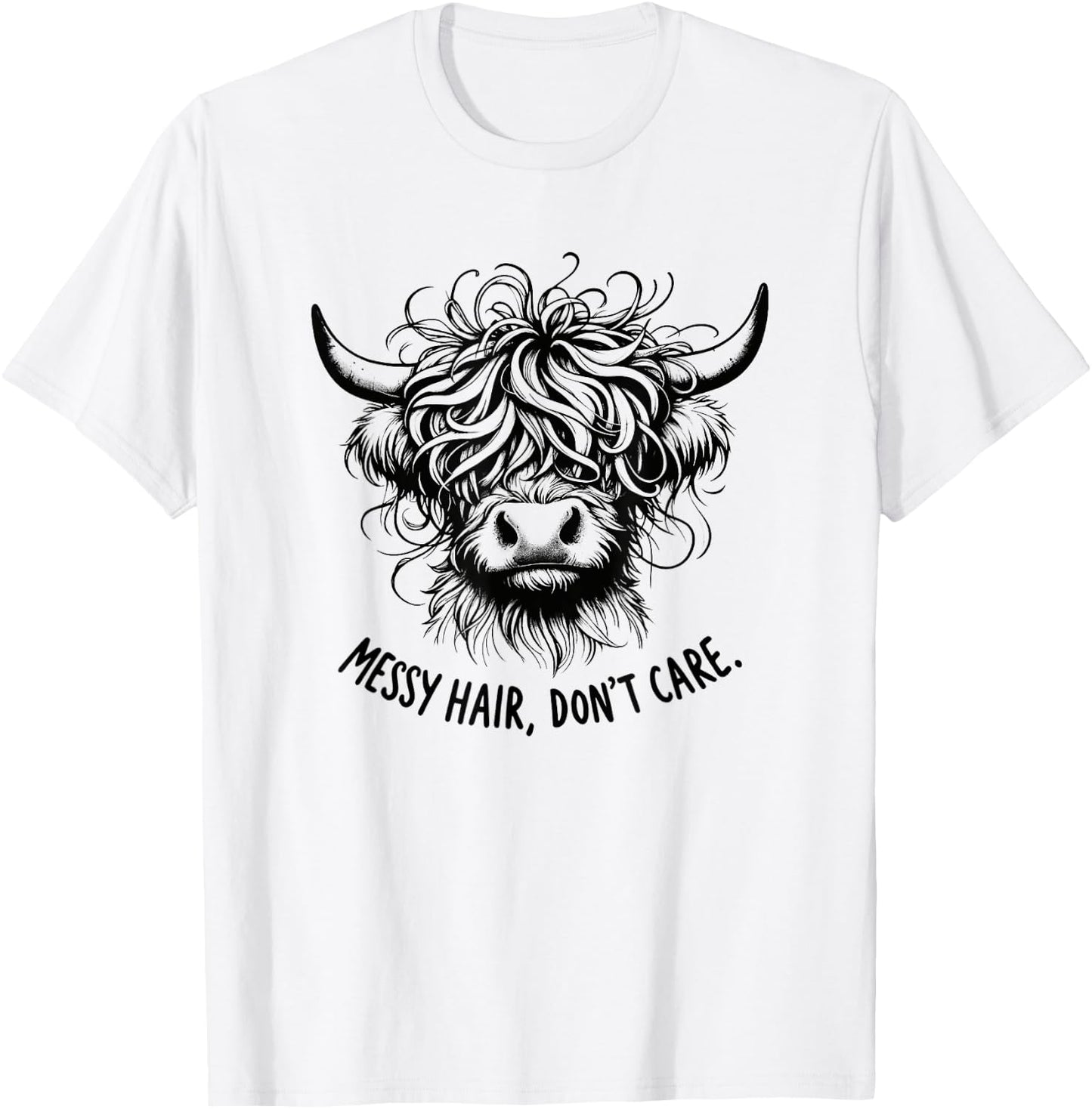 Highland Cow Messy Hair Don't Care T-Shirt - T-Shirt | White