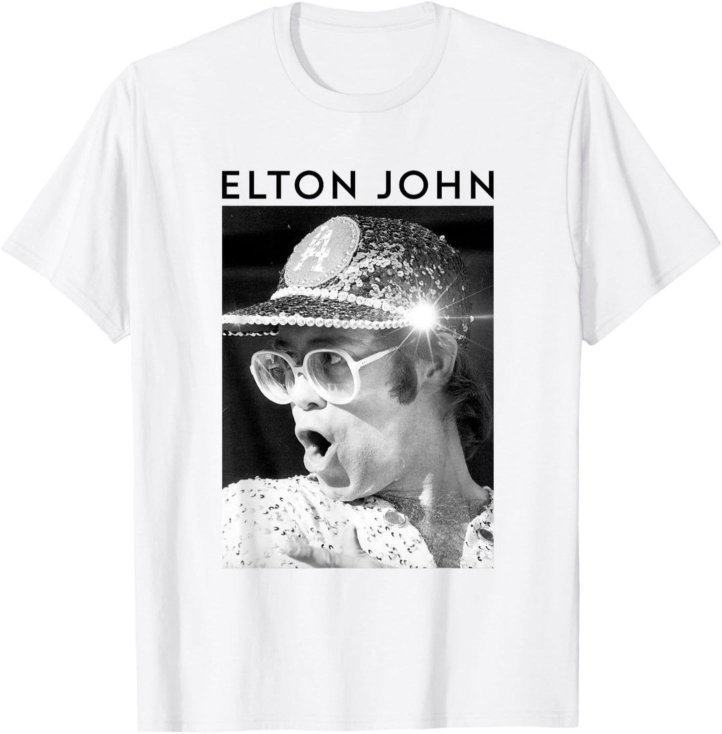 Elton John Official Sequin Cap Black/White T-Shirt - T-Shirt | White
